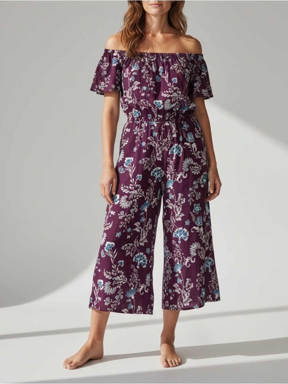 Everly Plum Off-Shoulder Floral Wide-Leg Jumpsuit Women’s Large Boho, Spring,